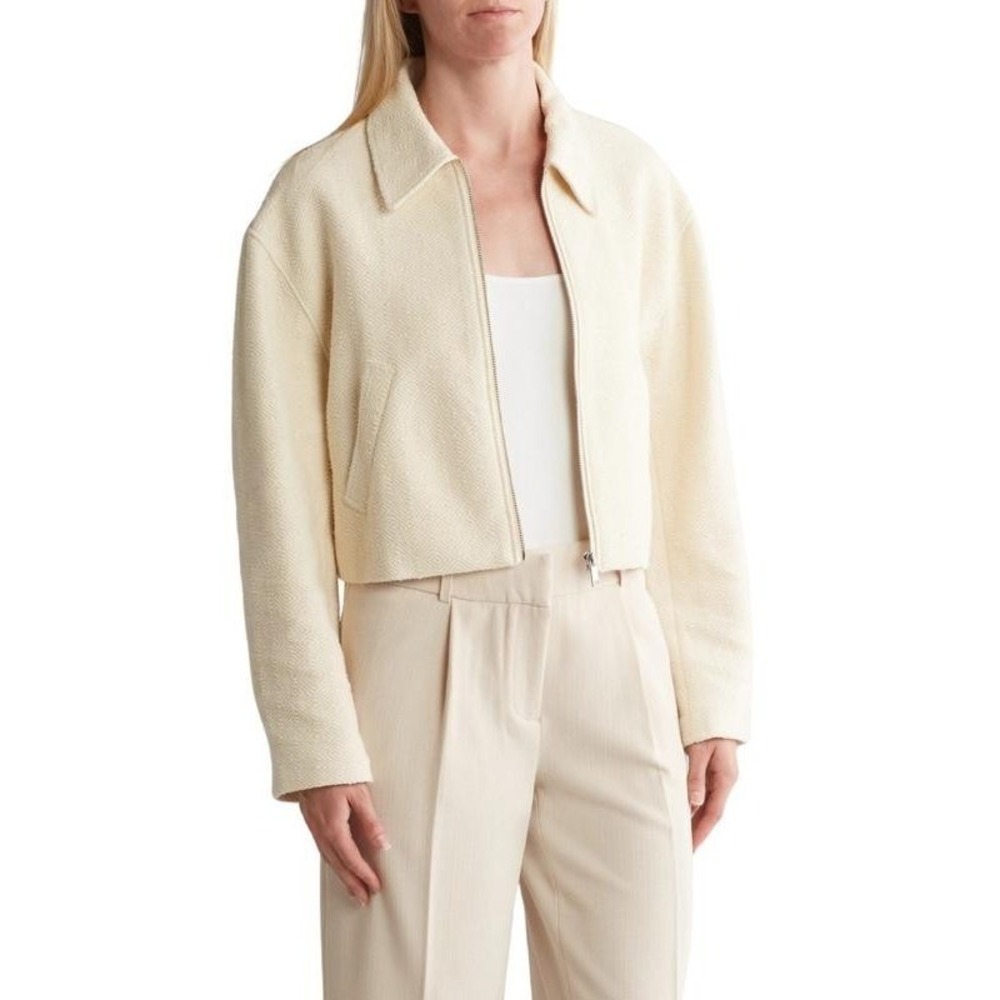 Amanda + Chelsea Bouclé Bomber‎ Jacket Beige Cotton s New With Tags